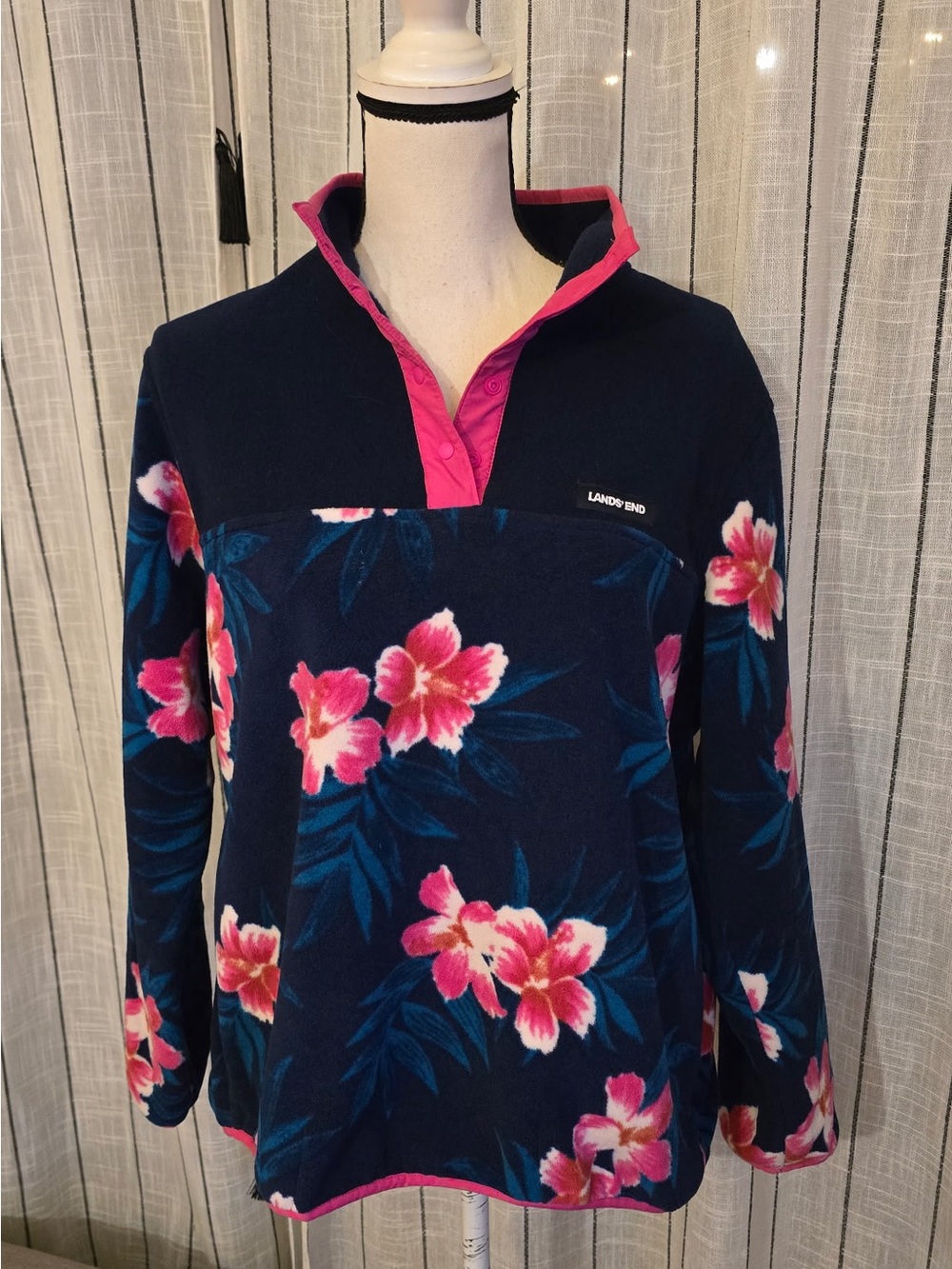 Lands' End Navy Fleece Pullover with Pink Floral Print